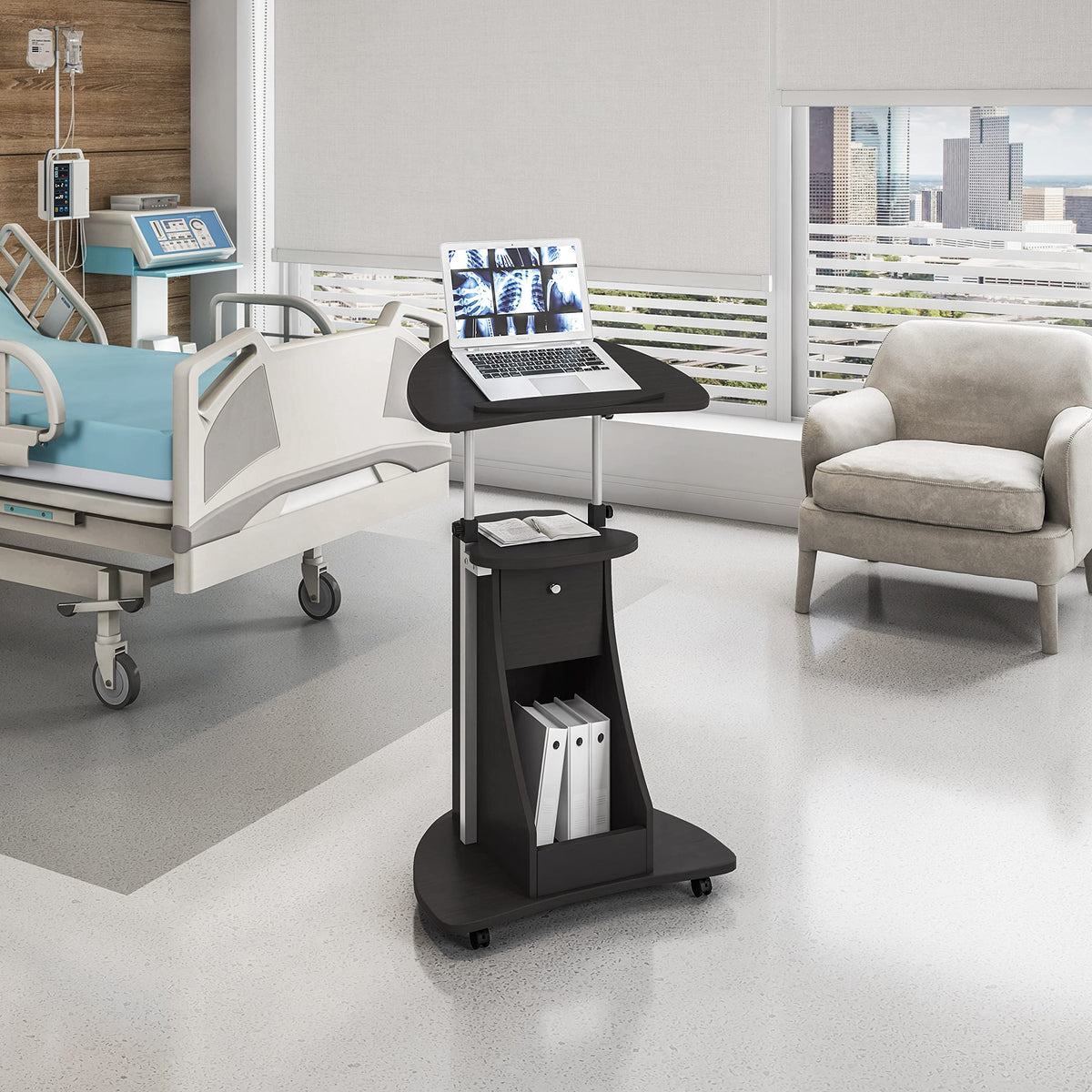 Techni Mobili Sit-to-Stand Mobile Medical Laptop Computer Cart, Black, Adjustable Height, B005