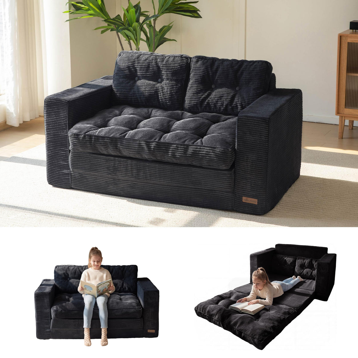 MAXYOYO Convertible Sofa Bed, Pull Out Loveseat Sleeper Sofa, 2 in 1 Folding Couch Bed, Fold Out Floor Couch with Pillows for Living Room Bedroom Lounge, Black