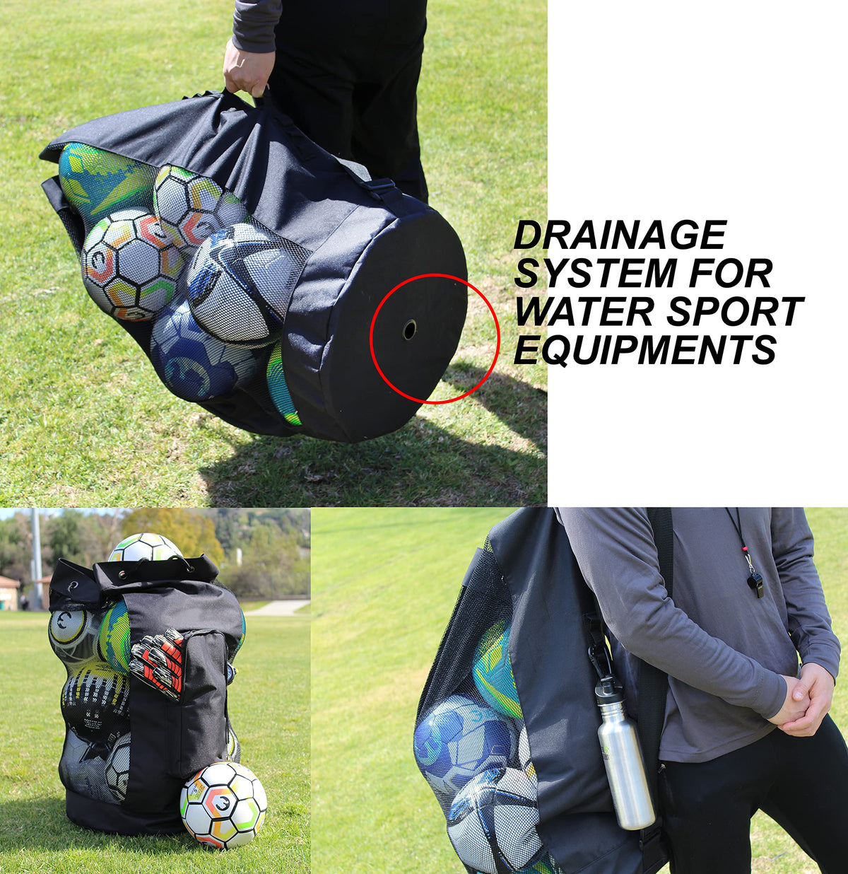 Fitdom Heavy Duty XL Soccer Mesh Equipment Ball Bag w/Adjustable Shoulder Strap Design for Coach. with an Over-Sized Front Pocket for Sporting Accessories. Best for All Outdoor & Water Gears