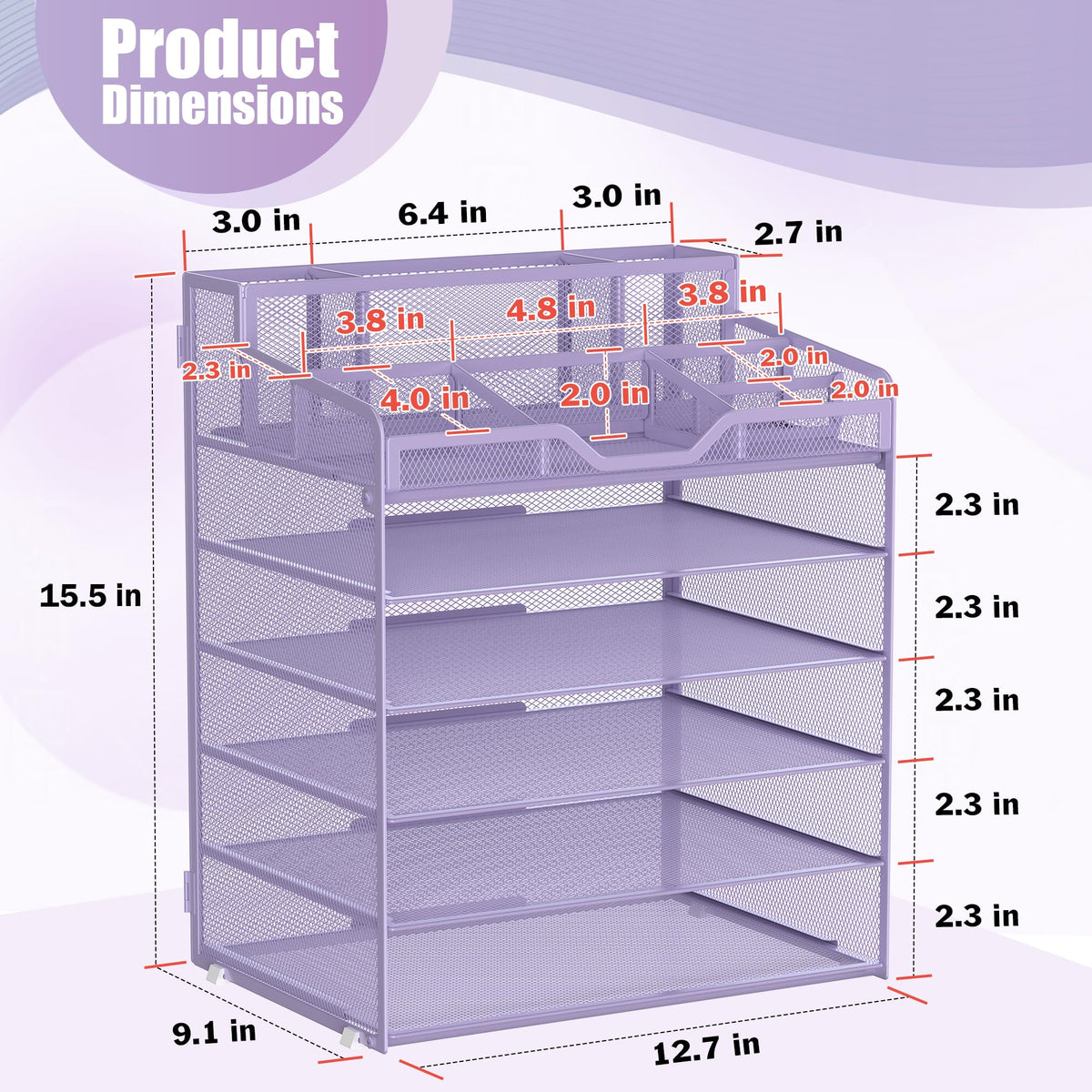 Docnest 6 Tier Mesh Desk Organizer for Paper Office Supplies – Multi-Functional Letter Tray with 5 Adjustable Compartments, 5 Pen Holders, Desktop Storage for Files, Mail, Stationery – Purple
