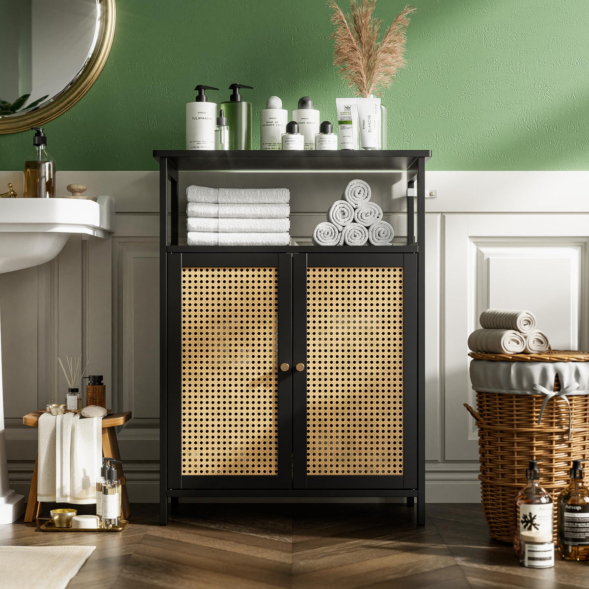 vovala Bamboo Floor Rattan Cabinet, Bathroom Storage Organizer Rack with 2 Doors and 1 Shelf, Space Saving Wood Kitchen Cupboard, Hallway Side Table, Living Room Freestanding Stand (Black)