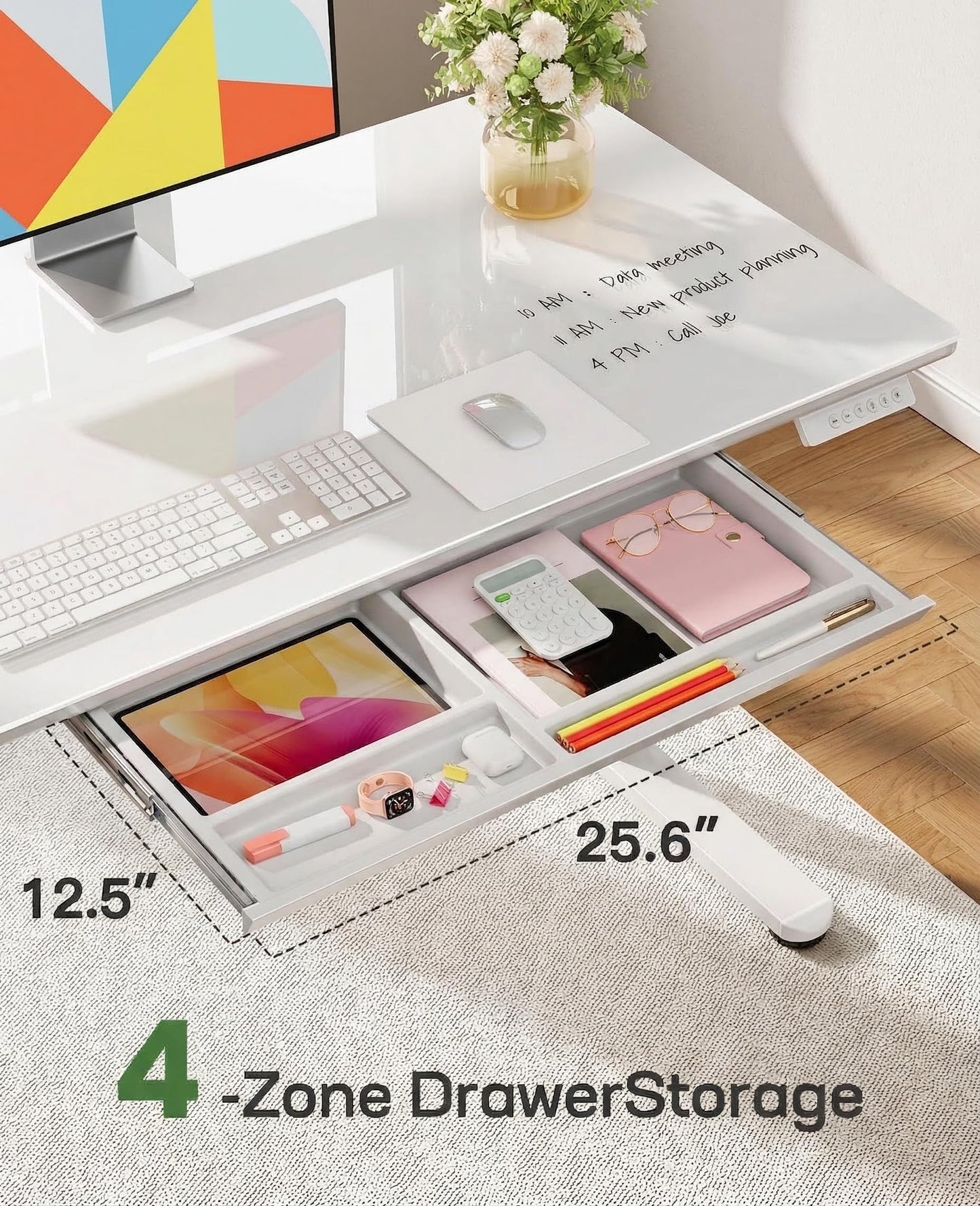 Marsail Glass Standing Desk with Drawer 37 x 22 Inches Stand up Desk Standing Desk Adjustable Height with One-Piece Tempered Glass Top, Ergonomic Home Office Desk with 4 Preset Heights White