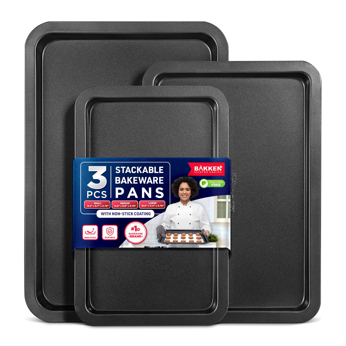 3 Piece Set Nonstick Carbon Steel Oven Bakeware -Professional Quality Kitchen Cooking Baking Trays -PFOA, PFOS, PTFE-Free Small, Medium & Large Baking Sheet Pans