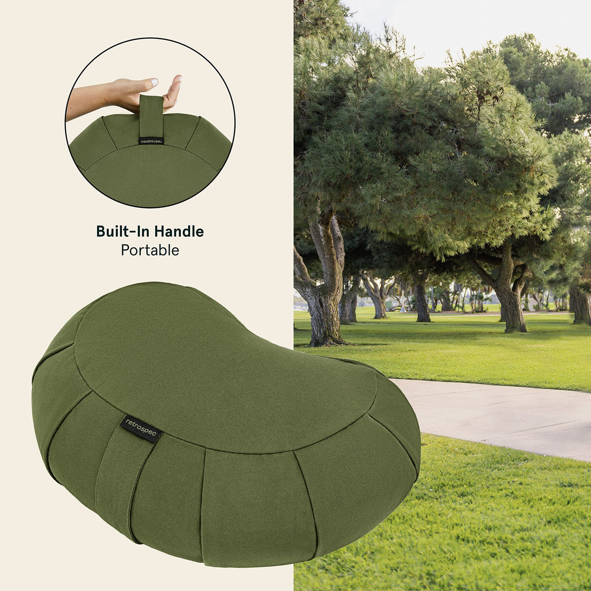 Retrospec Sedona Zafu Meditation Cushion with Buckwheat Hull Fill - Adjustable Yoga & Pilates Equipment Support - 17in Crescent Cotton Cover