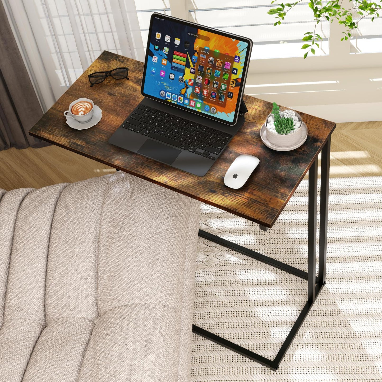 CAMOAT C-Shaped Side Table, Modern End Table with Metal Frame, Space Saving Design for Living Room，Large Surface Couch Table for Bedroom, and Home Office，24 x 12 x 24 inches (Brown)