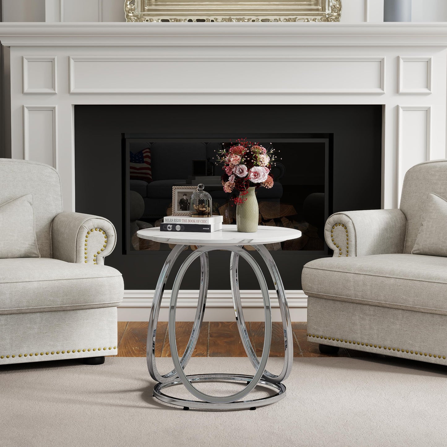 O&K FURNITURE Silver End Table, Round Side Table with Faux Marble Veins, Modern Nightstand for Bedroom, Living Room, Home Office, 1PC