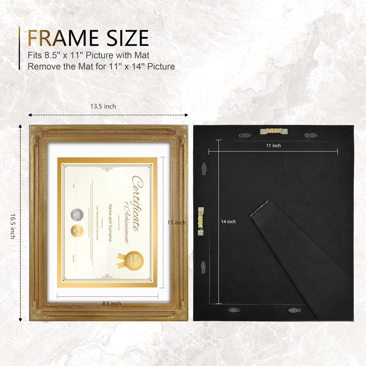 SIMON'S SHOP Diploma Frames 11x14 Matted to 8.5x11 Picture, Gold Picture Frames 11 x 14 with Mat for 8.5 by 11 Certificates Documents