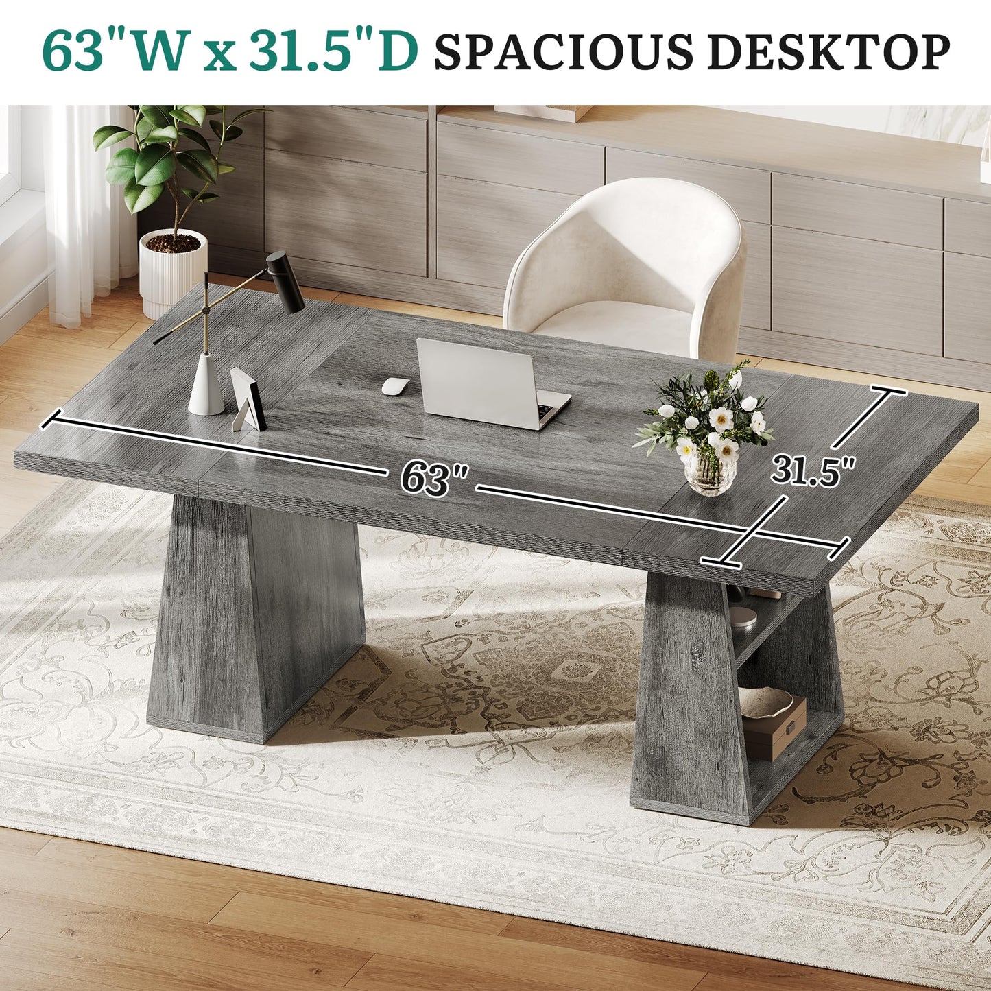 YITAHOME 63" Executive Desk, Large Office Desk Computer Desk with Double Pedestal and Storage Shelves, Wood Simple Workstations Writing Table Conference Table Business Furniture for Home Office, Grey