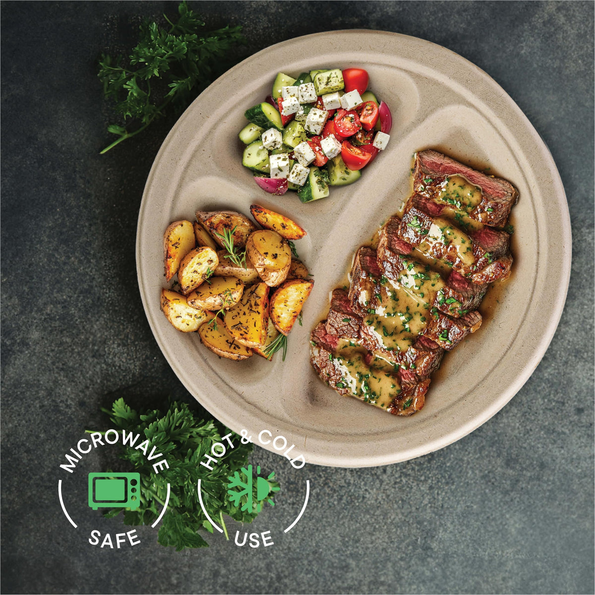 100% Compostable, 3 Compartment, Disposable Paper Plates [125-Pack] - {PFAS Free} - {BPA Certified} - [10 Inch] Heavy Duty Biodegradable Bagasse Sectional Lunch Trays + Dividers - Divided Platte Tray