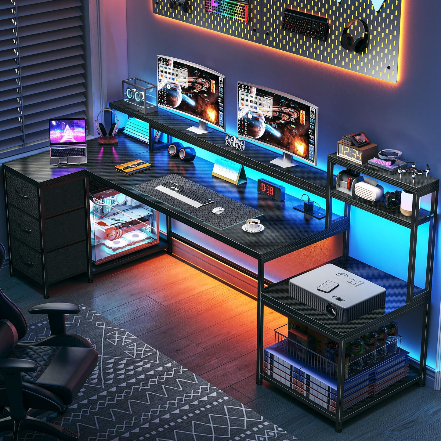 71" L Shaped Gaming Desk with 3 Drawers & Hutch,Computer Desk with Monitor Stand & Power Outlet,Home Office Desk Reversible Black Desk with LED Light,Printer Shelf for Home Office,Black Carbon Fiber