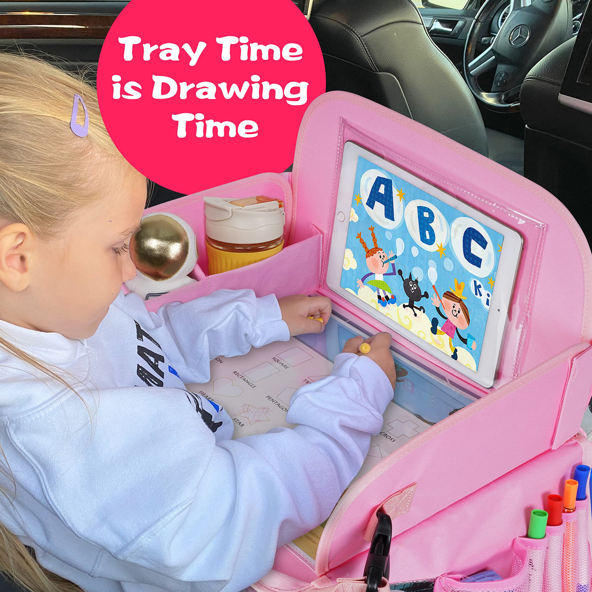 MENZOKE Kids Travel Tray, Car Seat Table Tray, Road Trip Essentials with Educational Drawing Board, Tablet Holder & Cooler Cup Holder, Travel Table for Kids Gifts in Car, Airplane, Multicoloured