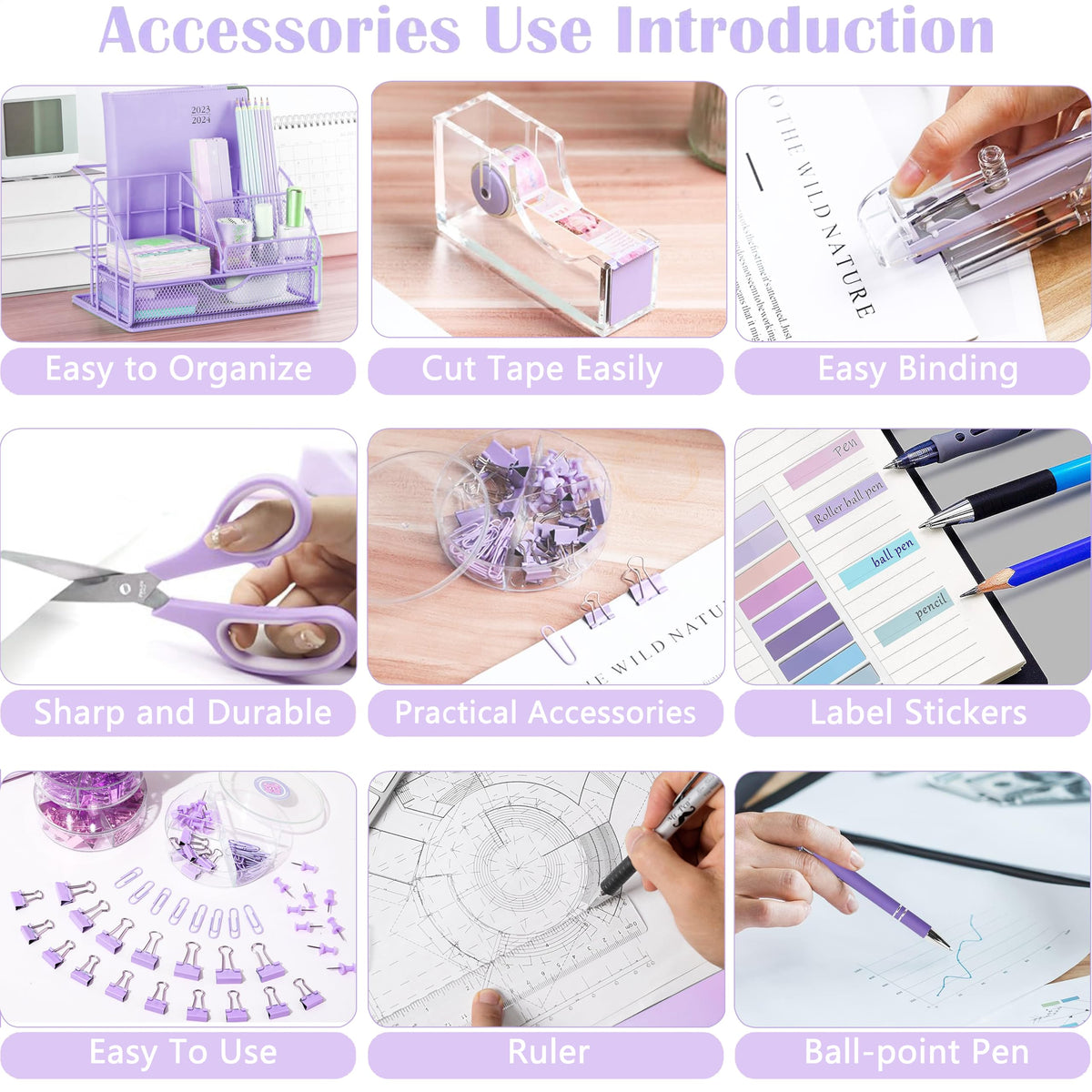 Purple Desk Organizers and Accessories, Purple Office Supplies with Mesh Desk Organizer, Acrylic Tape Dispenser and Stapler, Staples, Ballpoint Pen, Clips Set, Ruler, Scissor, Sticky Labels