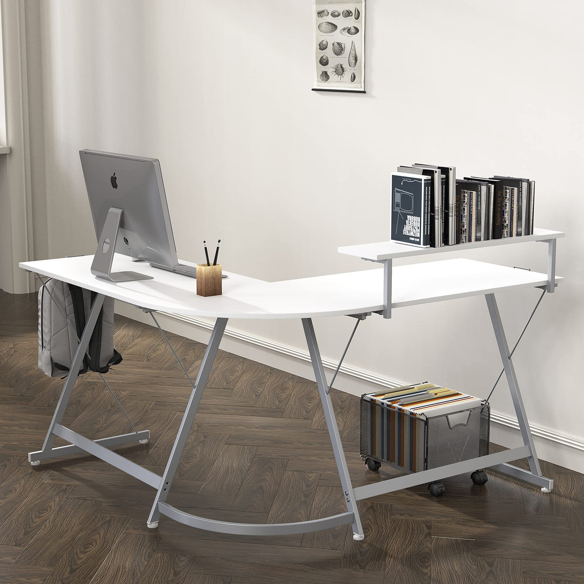 SHW 51 x 51 Inches Vista L-Shaped Desk with Monitor Stand and Drawer, White