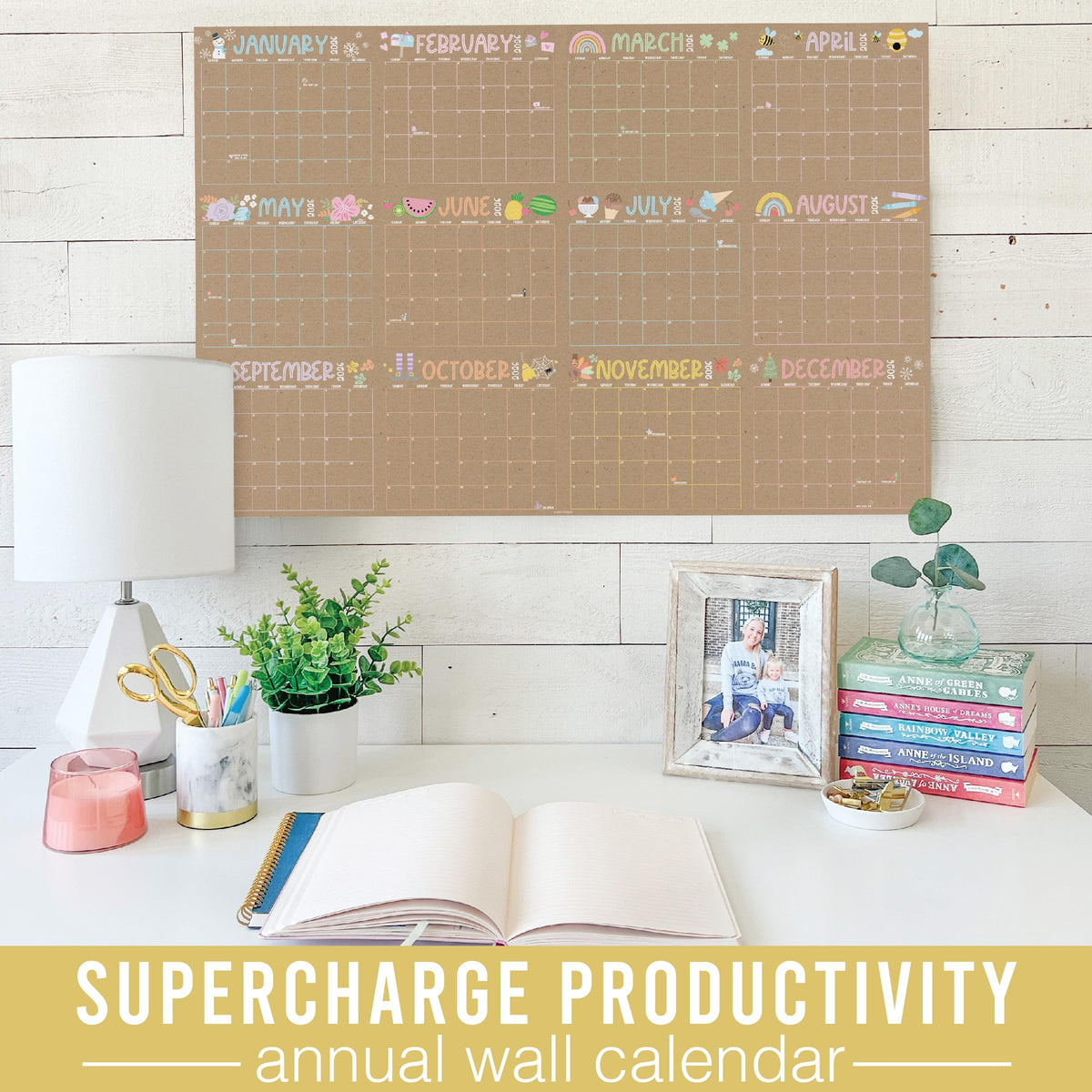 Hadley Designs Yearly Wall Calendar 2026 Large - 12 Month Dry Erase Calendar for Wall, Double-Sided, Reversible, Erasable, Reusable, Full Year Long Annual Planner - Kraft Pastel