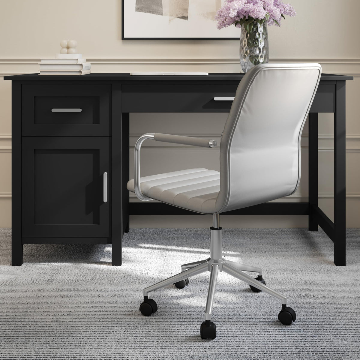 Martha Stewart Taytum Swivel Task Chair with Armrests for Home Office in Gray Faux Leather with Polished Nickel Frame