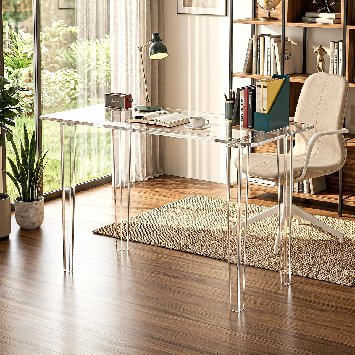 Acryve Acrylic Desk - Clear Acrylic Table, Modern Home Office Study Table, Extended Surface Multi-Purpose Console, Sturdy Lightweight Workstation for Small Spaces (Transparent-L)