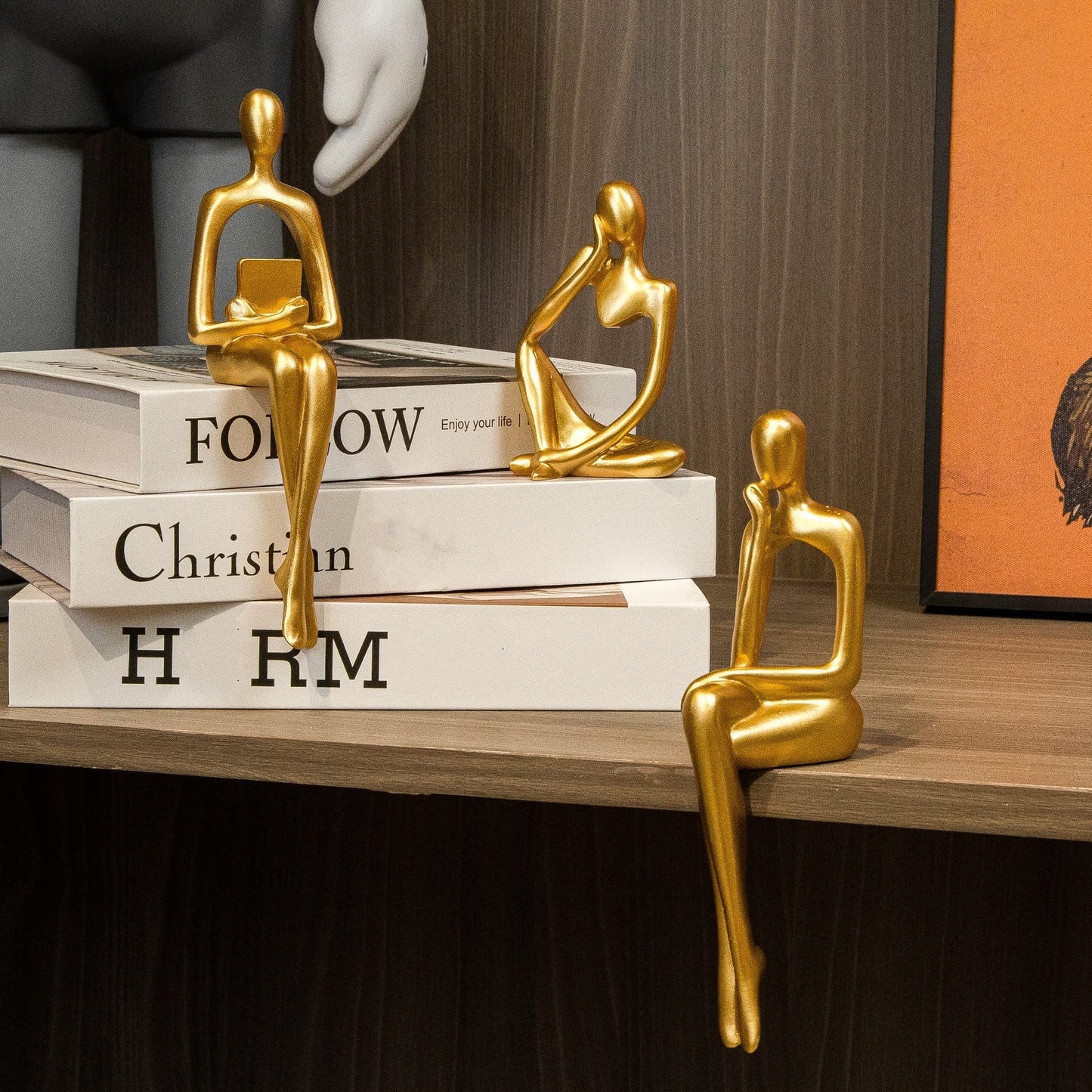 Prettidecor Gold Home Decor Thinker Statue Accents, Set of 3 Thinker Sculptures Office Decor Modern Abstract Resin Decoration on Shelf Table Desk for Living Room Office Bedroom (Large Gold)