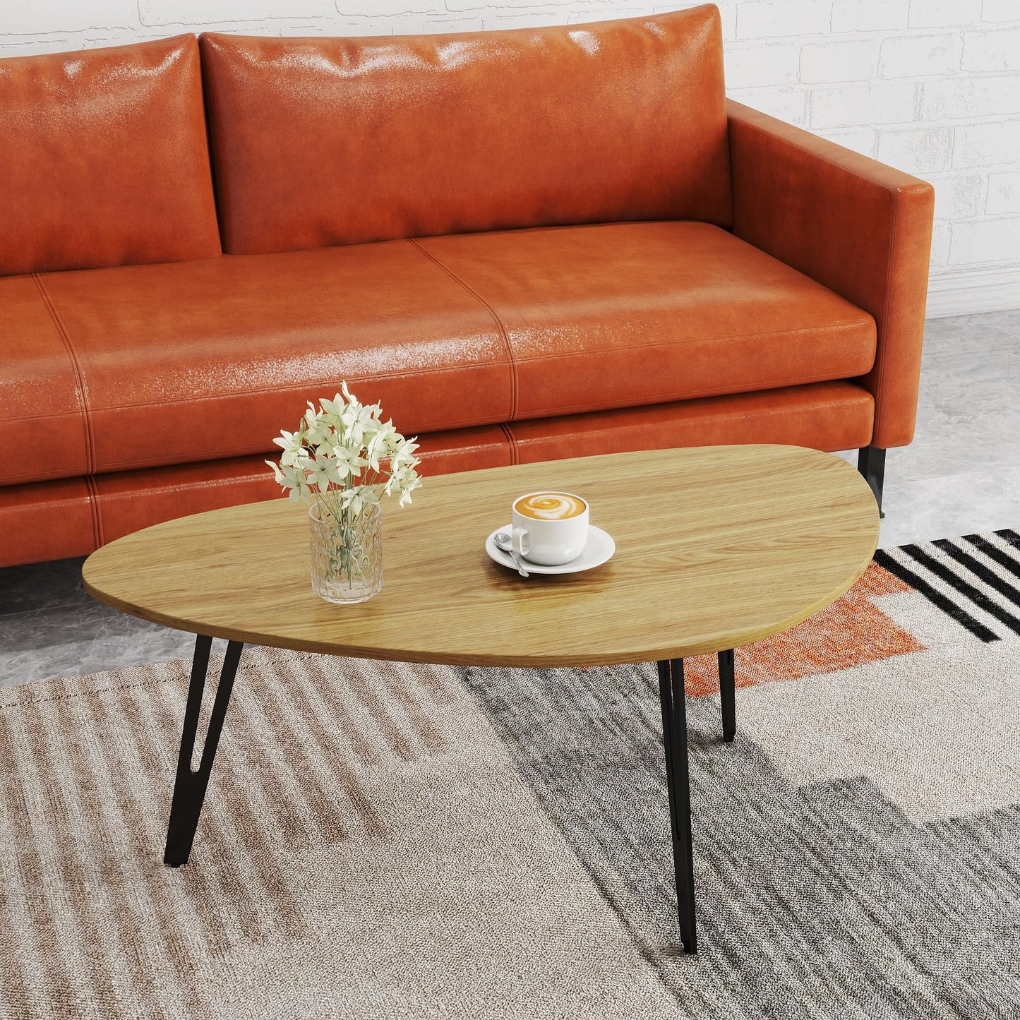 Manora Modern Mid Century Coffee Table, Oval Triangle Wood Center Table with Sturdy Metal Legs, Stylish Living Room Accent Table for Small Spaces