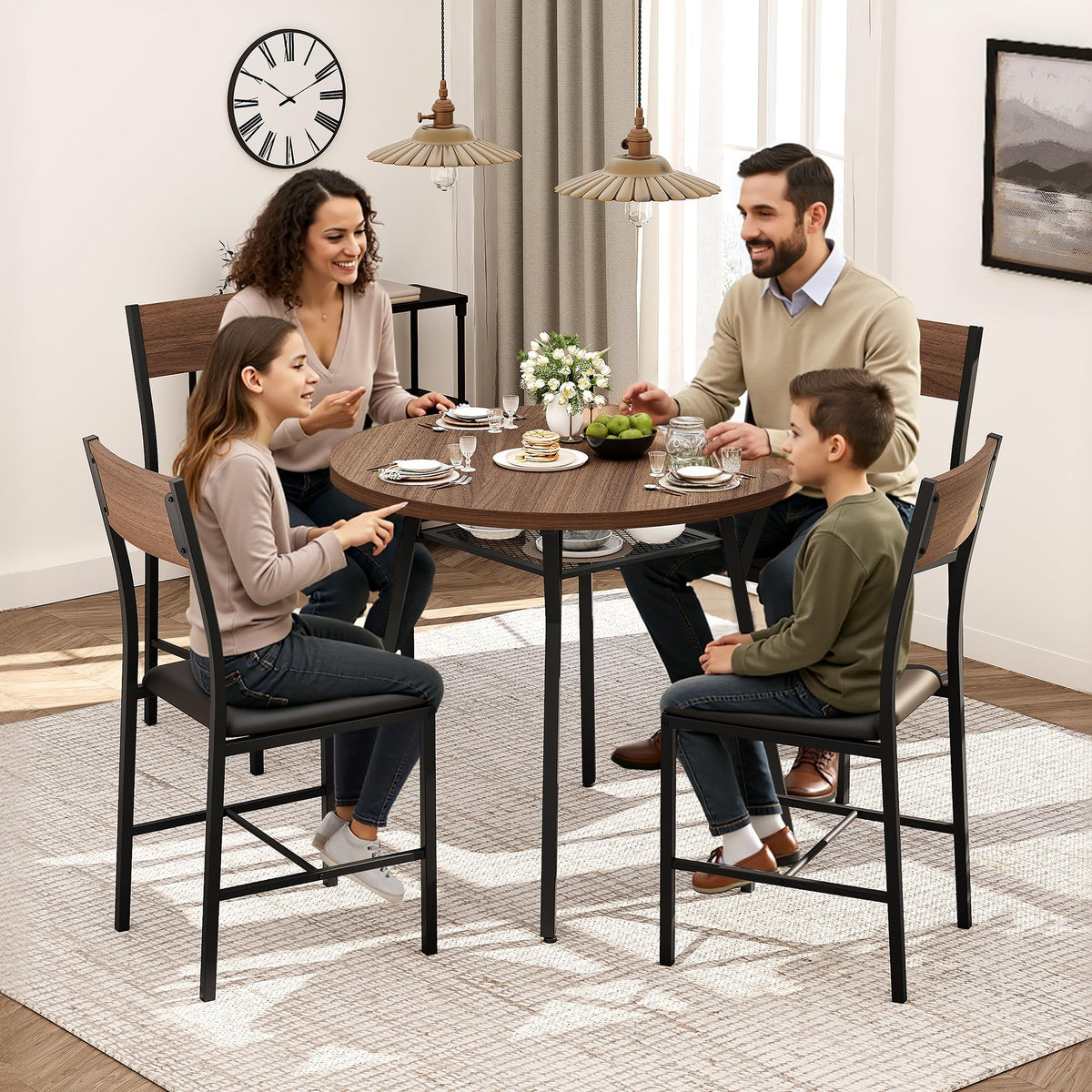 Pamapic Round Dining Table Set for 4, Kitchen Table and Chairs for 4, Dining Room Circle Dinner Pedestal Table, Solid Metal Frame,Space Saving Wood Small Kitchen & Dining Room Furniture,Walnut