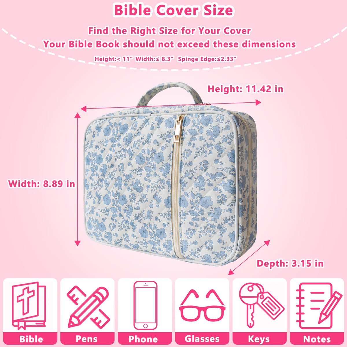 CasaRovela Bible Cover for Women, Large Quilted Case with Handle, Durable Bag and Carrying Case for Girls, Study Supplies Accessories, Christian Gift for Women (Blue Flower, Large)