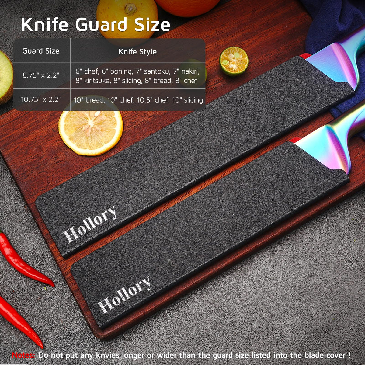 Hollory Kitchen Knife Guards Set, Universal Blade Covers, Abs Plastic BPA-Free Blade Protector with Velvet Lining, Professional Kitchen Knife Storage Solution for Home Cooks, Black (2 Pcs)