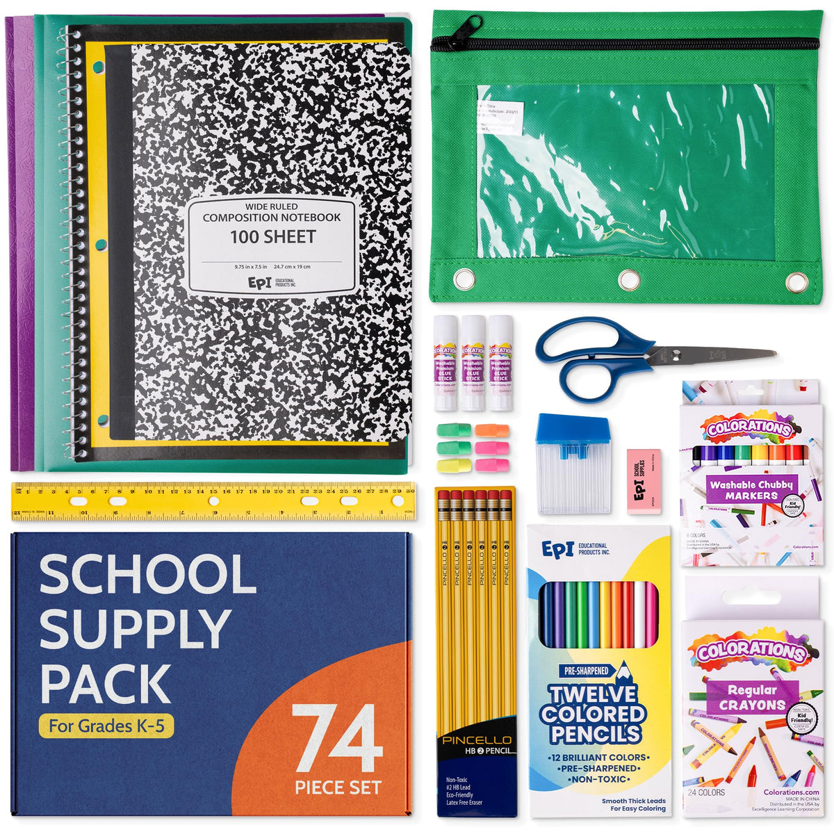 EPI Essentials Back to School Supplies for Kids – 74 Items in Kit – Kindergarten to 5th Grade School Supply Packs – Wide-Ruled Bundle with Composition Notebooks – Suitable for Homeschooling