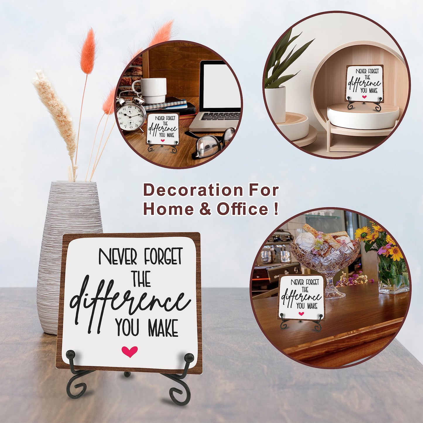 Wooden Motivational Office Desk Decor 4in - Never Forget The Difference You Make - Positive Reminder Inspirational Plaque with Stand for Home Office Desk Decor & Accessories Gift for Women Men- A17