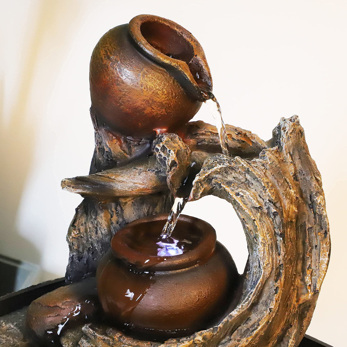 Ferrisland Tabletop Water Fountain Indoor - Tree Trunk with Jar Rustic Fountains Small Feng Shui Zen Waterfall Fountain W/LED Light & Soothing Sounds for Office Home Desktop Decor (Brown)