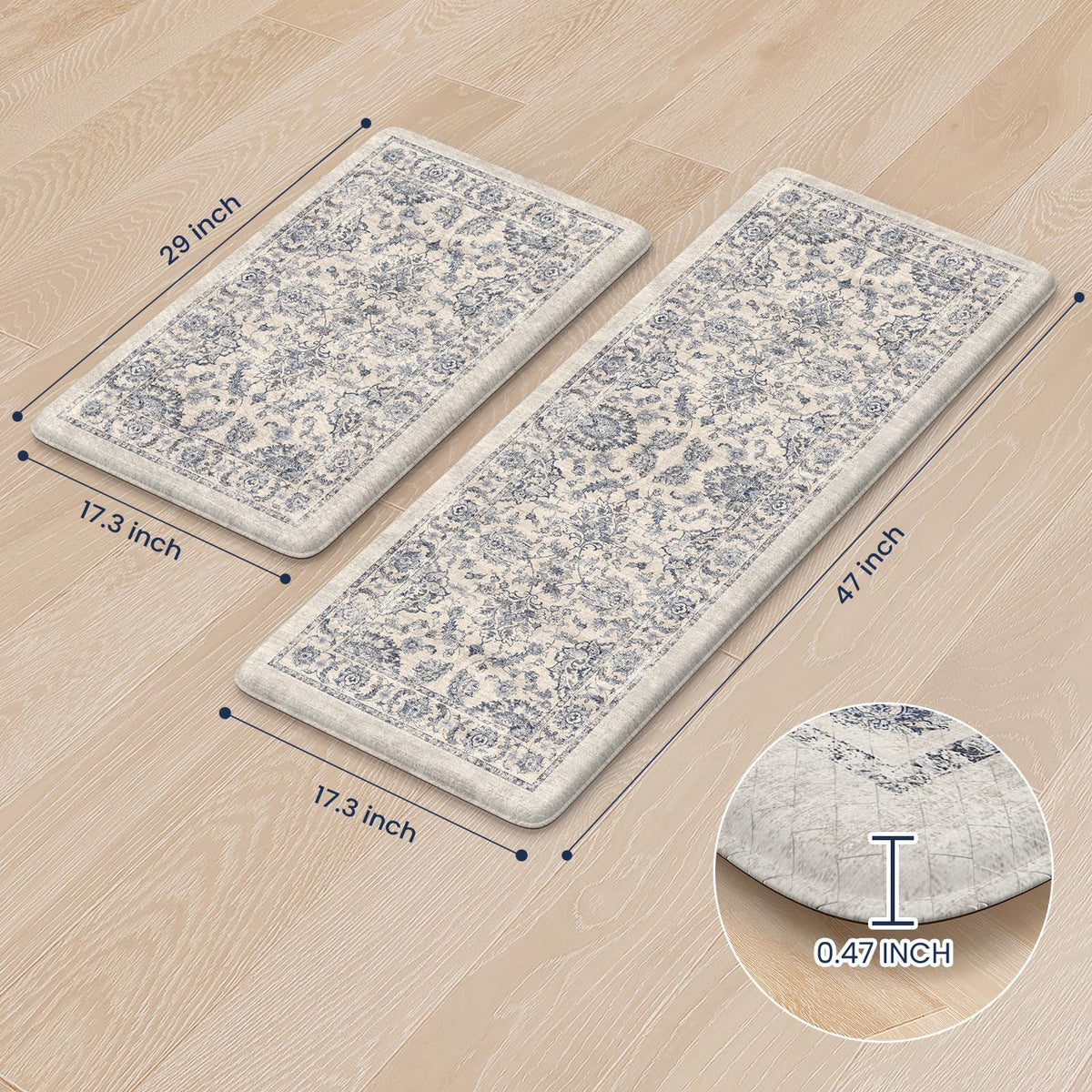 KIMODE Anti Fatigue Kitchen Mats for Floor, Boho Floral Kitchen Rugs 17"x29.5"+17" x47”, Cushioned Mats for Kitchen Floor, Non Slip Kitchen Floor Mats, Sink, Laundry, Office, Desk Blue Multi