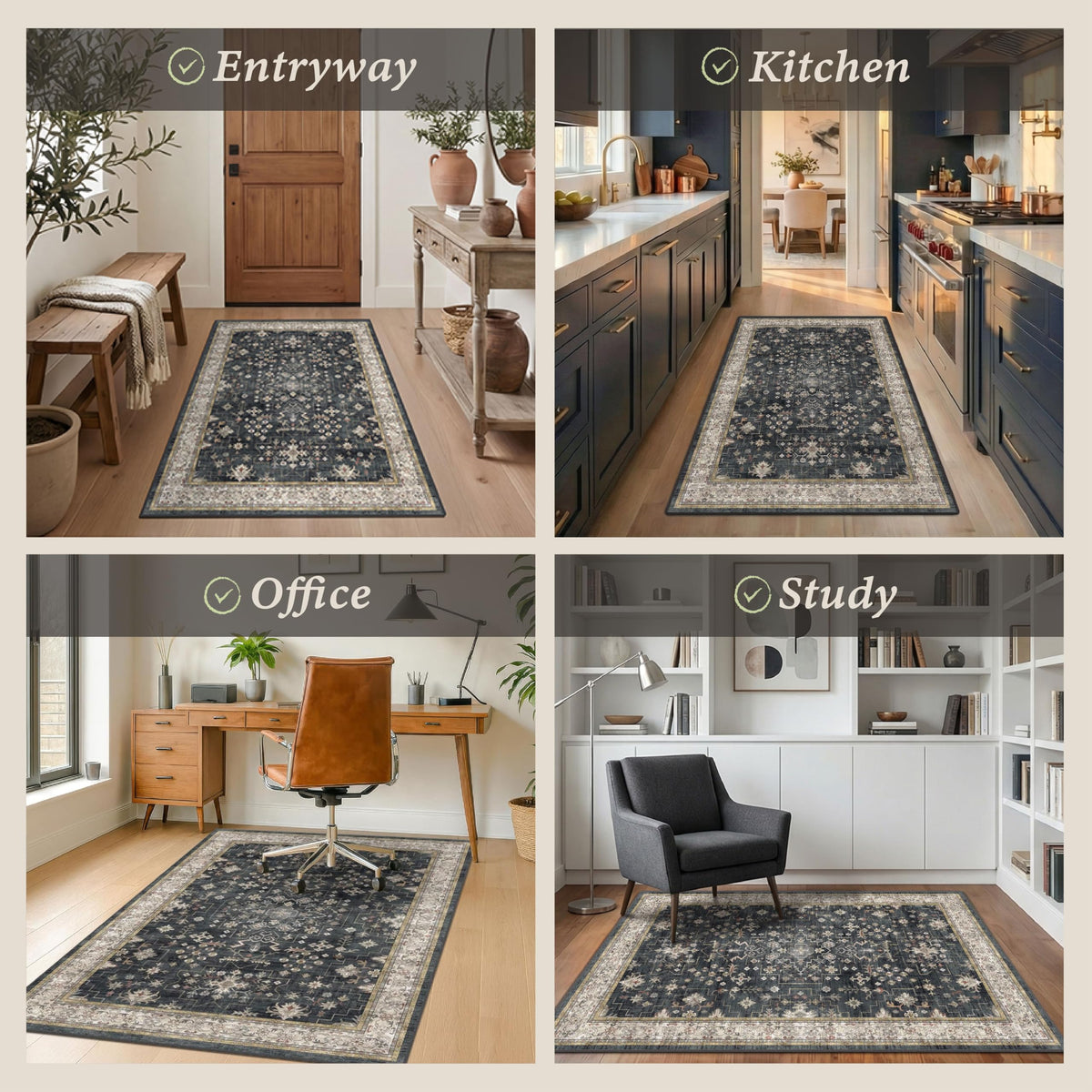3x4 Black Boho Office Chair Mat for Hardwood Floors - Ultra-Soft Low Pile Desk Rug with Non-Slip Backing, Small 36x48 Computer Chair Area Rug for WFH Comfort and Floor Protection
