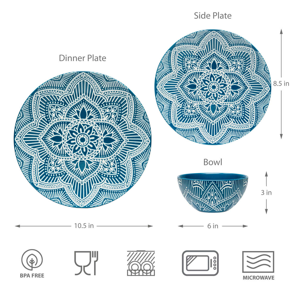 Bzyoo 12-Piece Ceramic Dinnerware Set: La La Mandala Blue Dish Set Design for Every Occasion - Microwave & Dishwasher Safe Stackable Plates Bowls