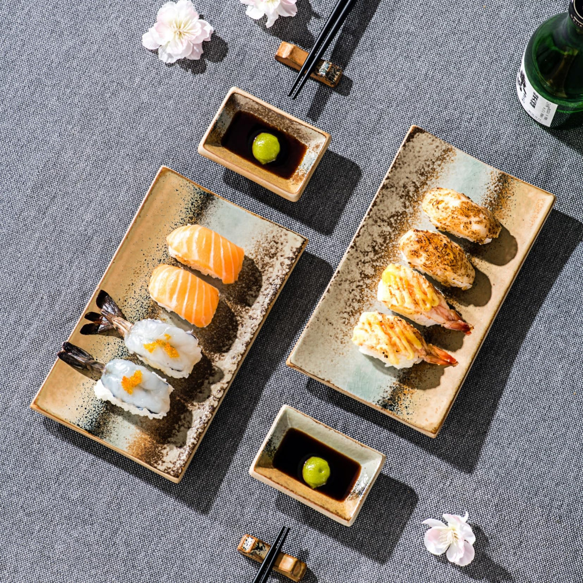 UNICASA Ceramic Sushi Plate Set 8 Piece, Japanese Style Sushi Serving Set for 2, Dishwasher & Microwave Safe, Include Sushi Plates, Sauce Dishes, Chopsticks & Holders, Light Brown
