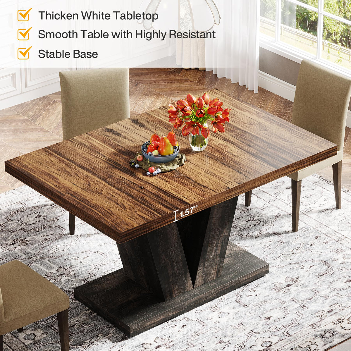 Tribesigns 47-Inch Dining Table for 4, Black Kitchen Dinner Table with Heavy Duty Pedestal, Farmhouse Wooden Eating Table for Home, Dining Room, Small Space, Black & Brown