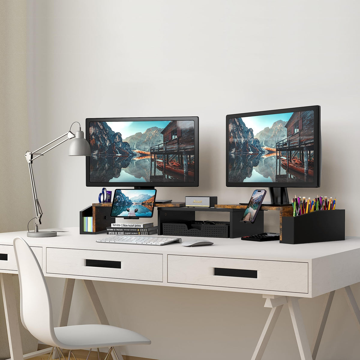 Simple Houseware Desk Dual Monitor Stand Riser with Drawer, Rustic Brown