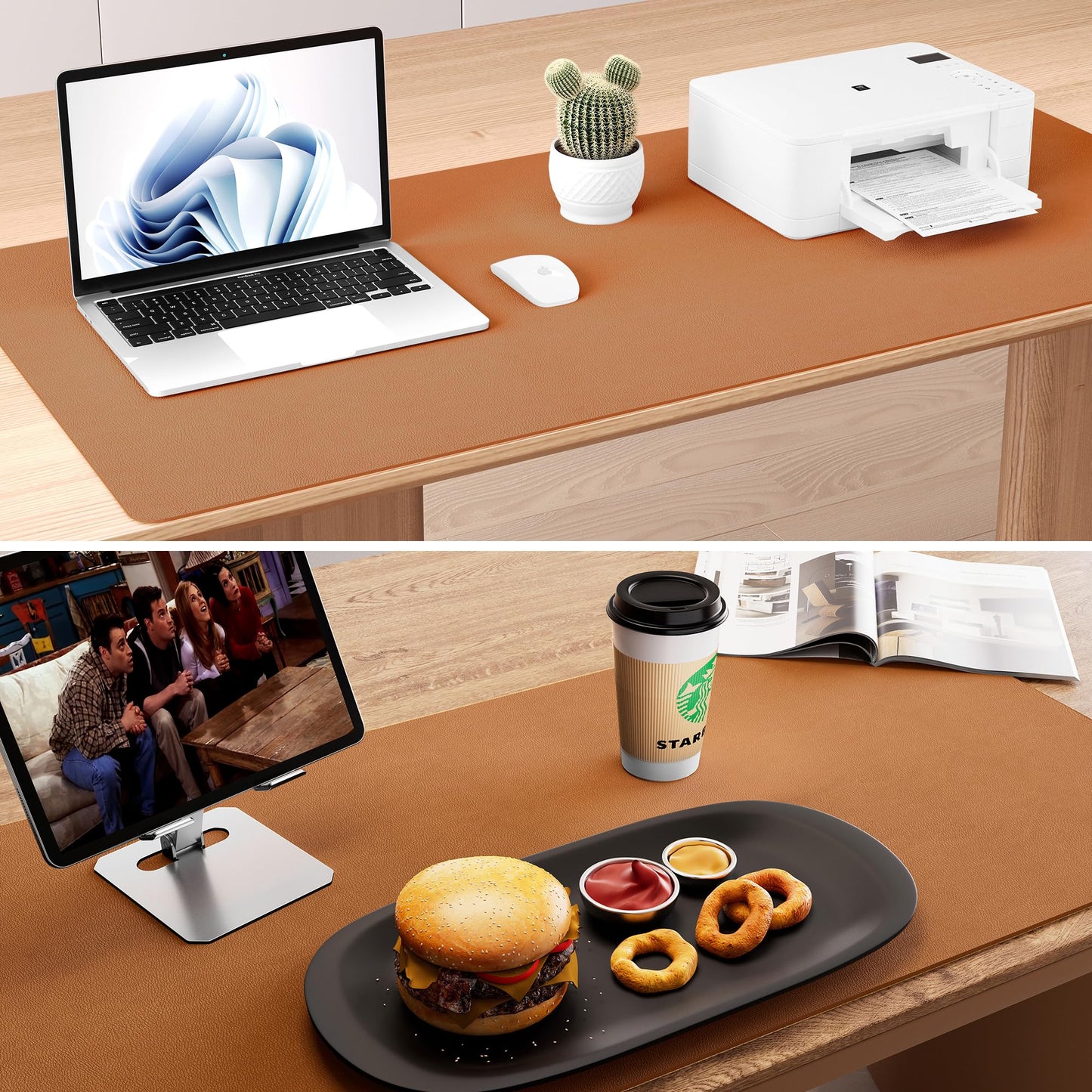 Aothia Double-Sided Desk Pad, Leather Desk Mat, Eco Cork Desk Pad Protector, Large Mouse Pad, Waterproof Desk Blotter Protector for Office/Home (25.6"x13.7", Brown)