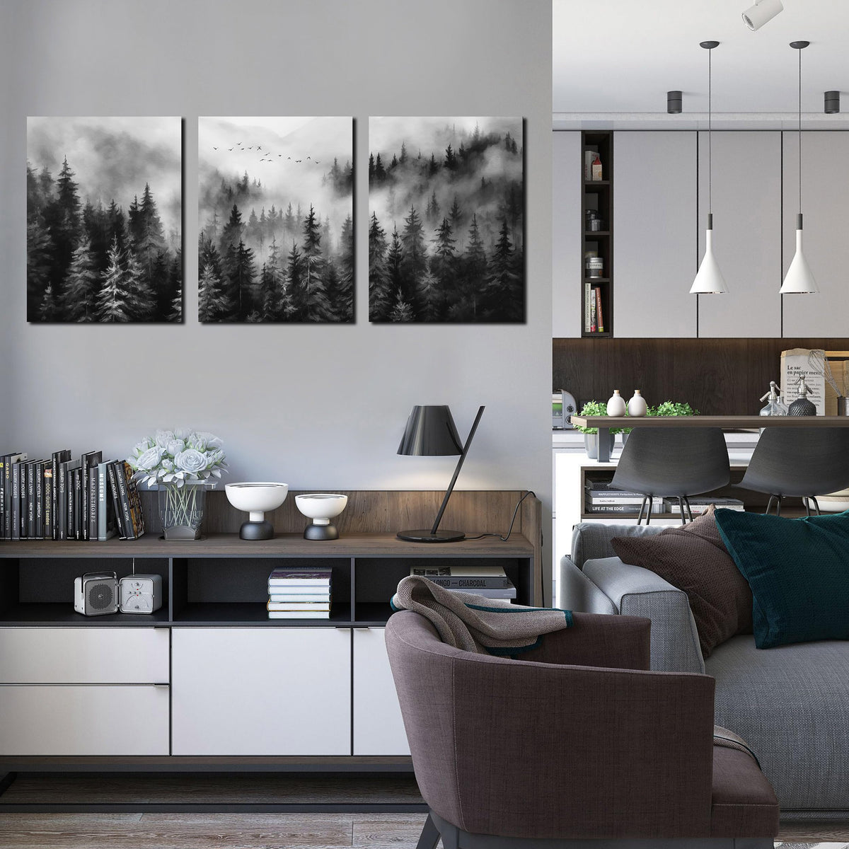 TYTAUPT Foggy Forest Canvas Wall Art for Bedroom Black and White Pictures Wall Art for Living Room Home Office Wall Decor 12 x 16 Inch x 3 Pieces