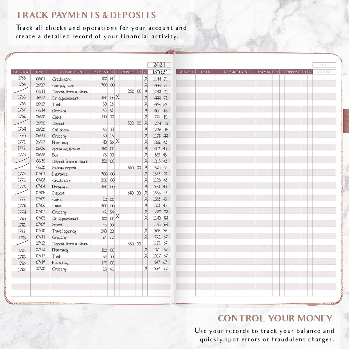 Legend Planner Check Register Book – Accounting Ledger Book for Small Business & Personal Use – Checkbook Register to Track Financial Transactions – Hardcover, 7x10″, 6300 Entries (Rose Gold)