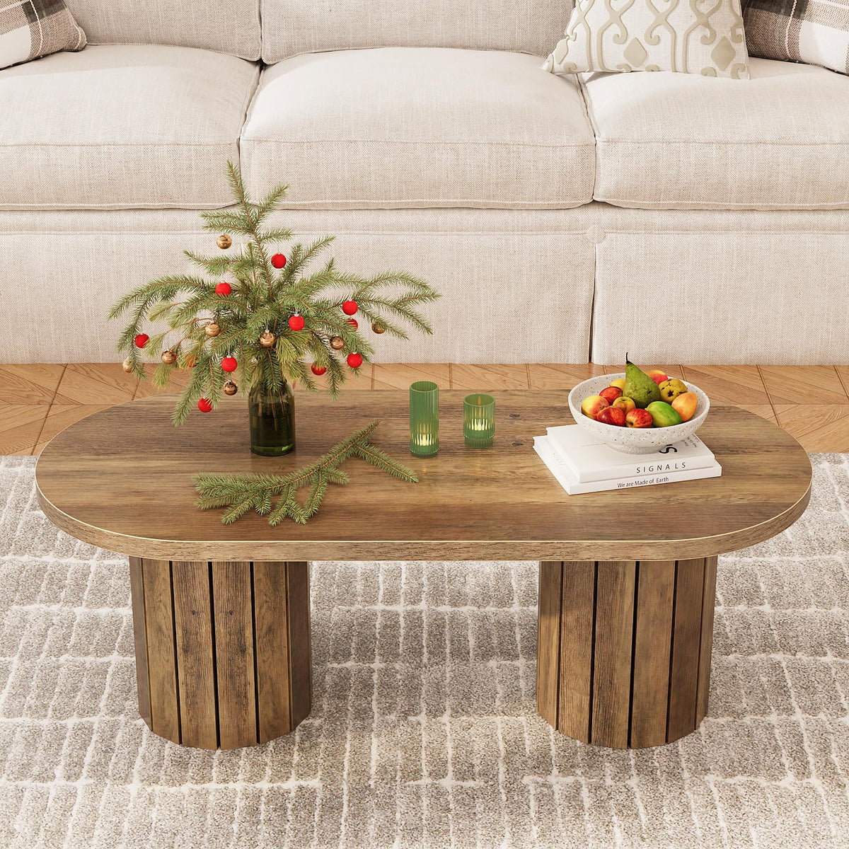 Tohomeor Oval Coffee Table, 43.3" Farmhouse Wooden Coffee Table with Fluted Legs, Mid-Century Modern Accent Center Table with for Living Room or Home Office, Retro Brown