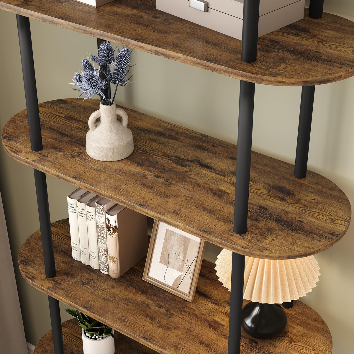 MilleLoom 71" Arched Bookshelf, 5 Tier Freestanding Open Bookcase with Sturdy Metal Frame, Modern Display Rack and Plant Shelf for Bedroom, Living Room, Home Office, Black and Retro