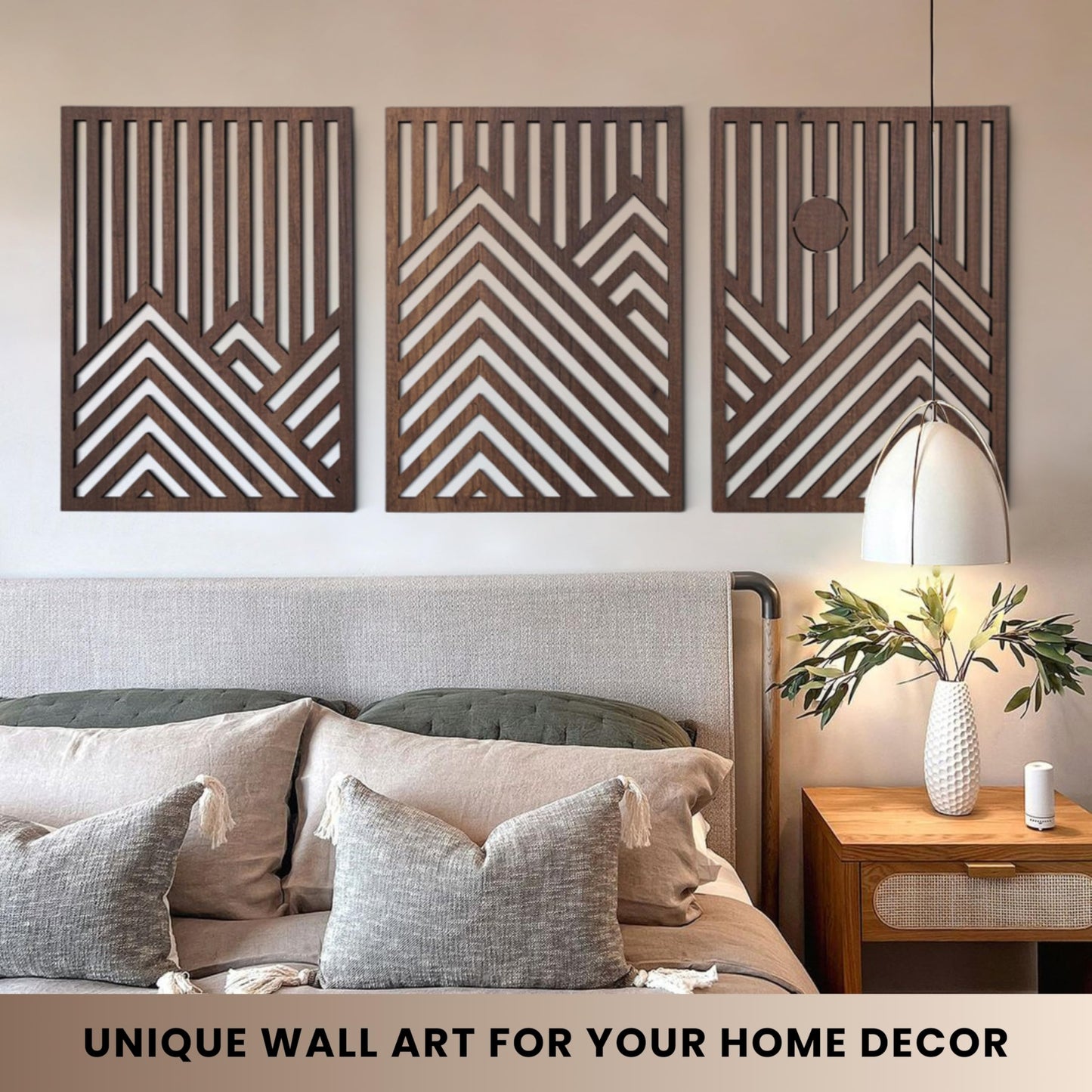 qmmp Modern Wooden Wall Sculptures - Set of 3 - Home Decor Accent - Large Wall Art for Living Room, Bedroom, Office - Easy Installation (Walnut, Large - Mountain and Sun, Unframed)
