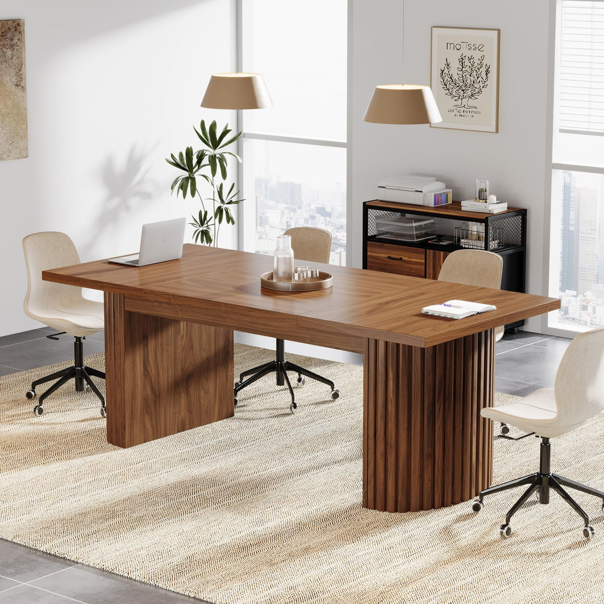 Tribesigns 78.7" Conference Table for 6-8 People, 6.56 ft Large Rectangle Meeting Table with Double Pedestal, Farmhouse Seminar Table Boardroom Desk for Office Meeting Conference Room, Walnut