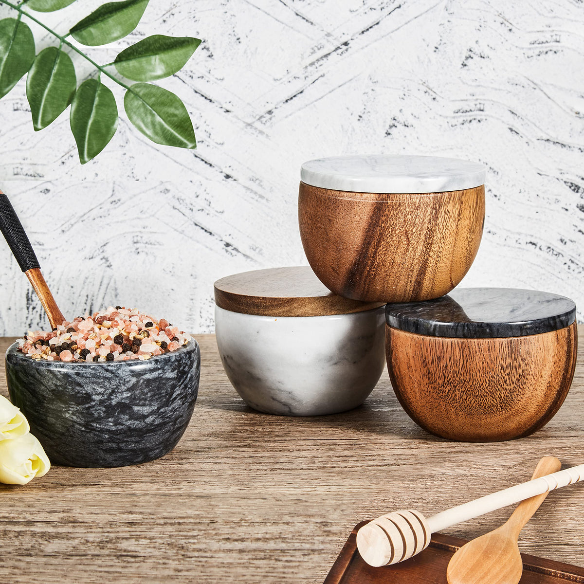 MarcZero Large Salt Box Spice Seasonings Keeper Pepper Container,Marble Base with Wooden Cover,Salt Cellar Big Capacity Elegant Design (White)