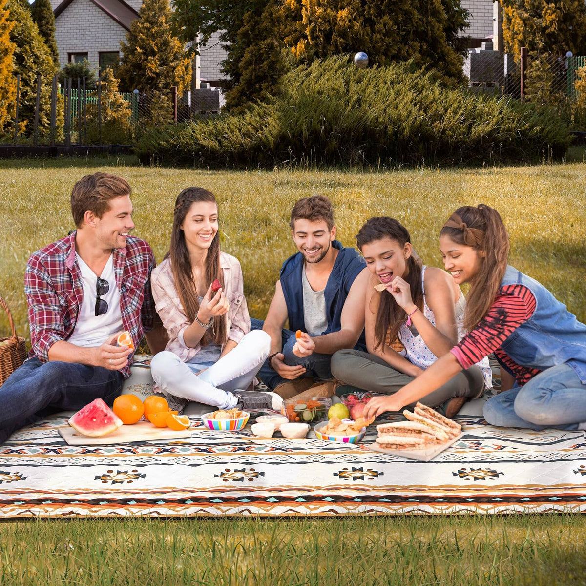 HAUSPROFI Extra Large Picnic Blanket 80"x80" – Waterproof Outdoor Mat for Beach, Camping, Park & Garden, Portable with Carry Strap & 4 Stakes, Machine Washable, Bohemian Pattern