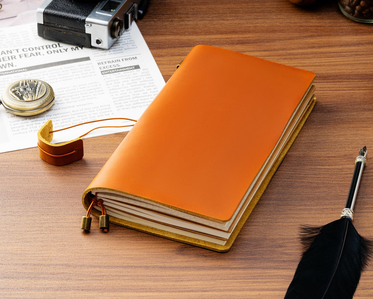Ox Knight Refillable Leather Travelers Notebook, 8.6 x 4.9 Standard Size Travel Diary for Men and Women, Genuine Leather Travel Journal with 3 Notebook Inserts for Writing, Sketching & Planning, Light Brown