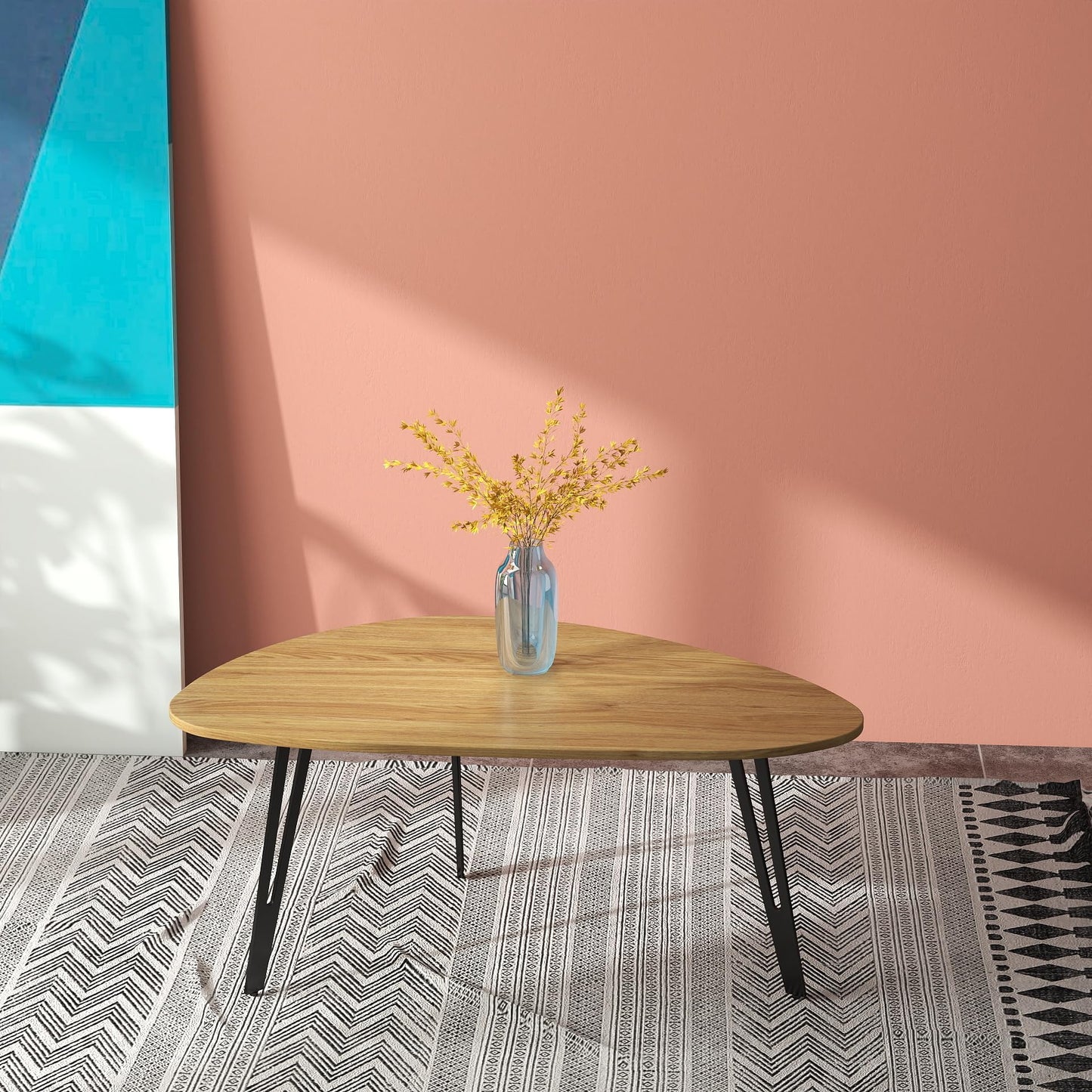 Manora Modern Mid Century Coffee Table, Oval Triangle Wood Center Table with Sturdy Metal Legs, Stylish Living Room Accent Table for Small Spaces