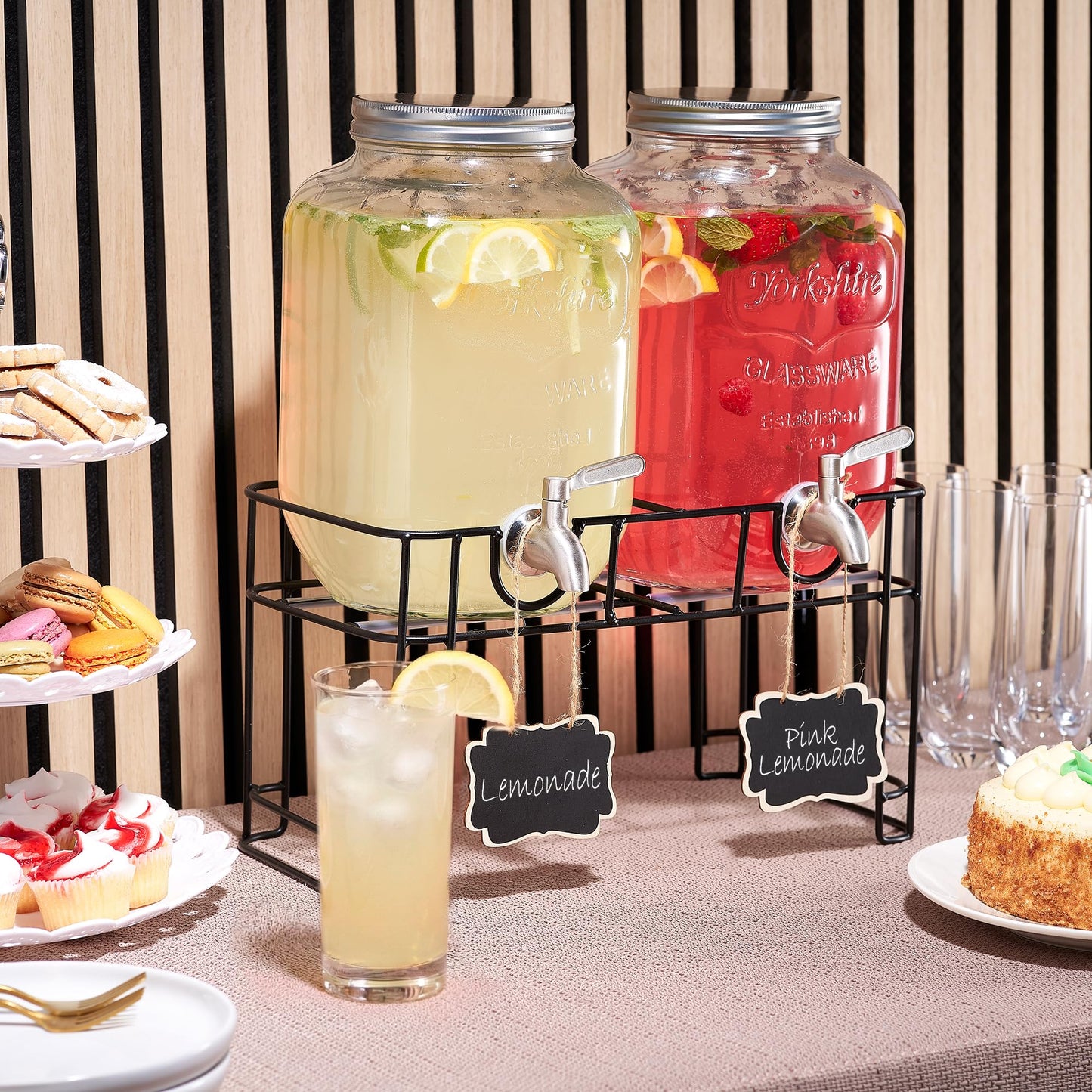FineDine Glass Drink Dispenser with Stand & Stainless Steel Spigot – 1 Gallon drink dispensers for parties, glass beverage dispenser Set, punch bowl for Lemonade, Juice, Infused Water & More, 2 Pack
