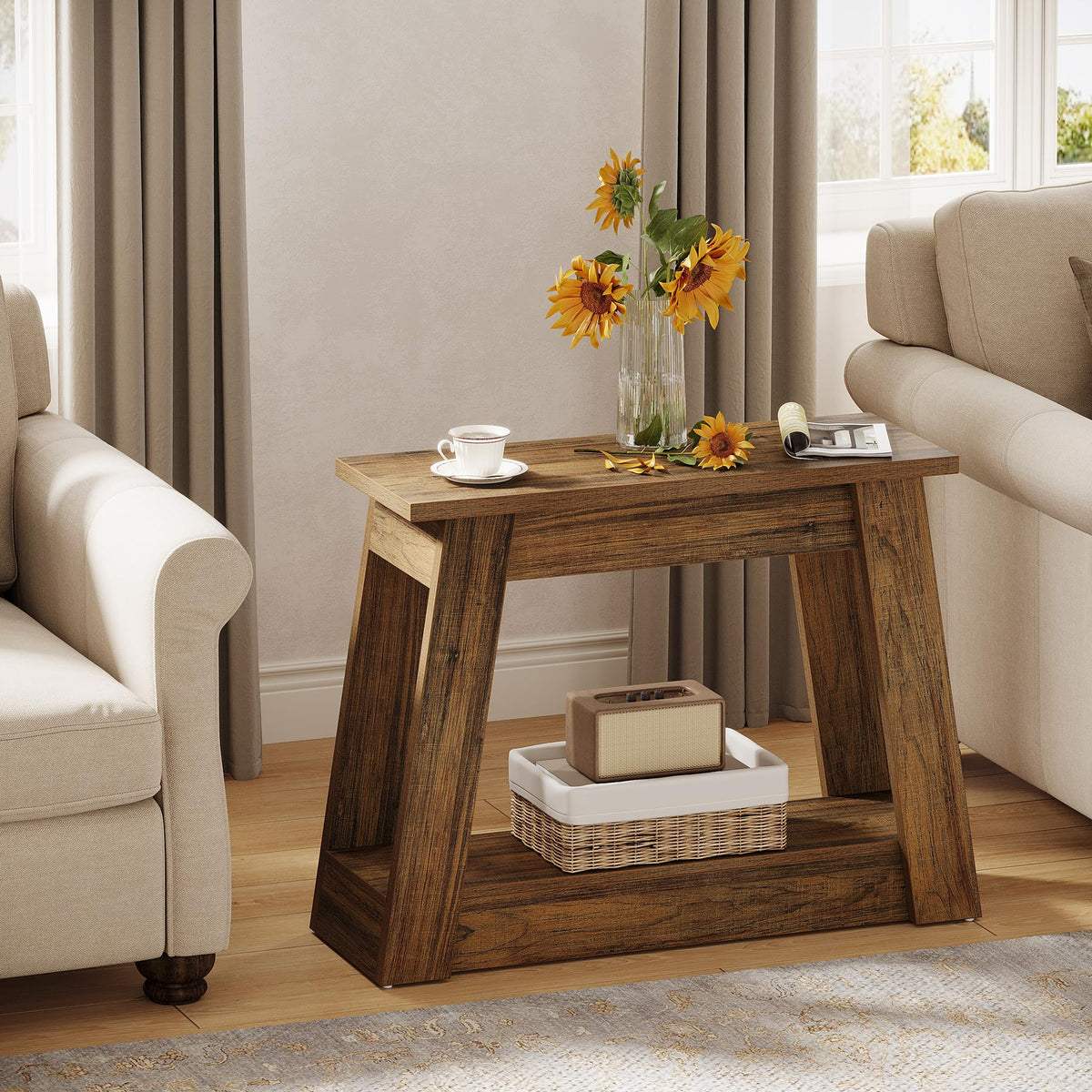 Tribesigns Wood End Table, Small Side Table with 2 Storage Shelves, Rustic Accent Narrow Nightstand for Living Room, Bedroom (1, Rustic Brown)