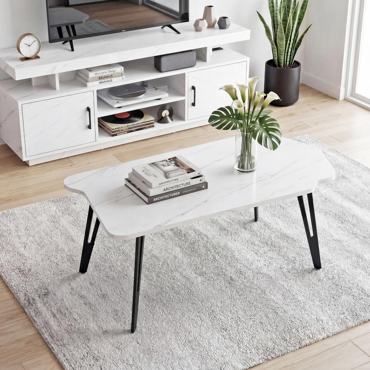 Manora Irregular Marble Pattern Coffee Table, Modern Small Center Table with Unique Shape Top, Faux Marble Wood Table for Living Room, Home Office, Apartment, Minimalist Accent Tea Table