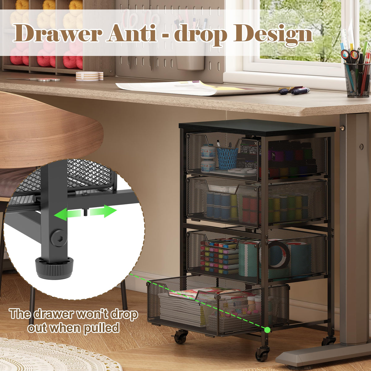 Rolling Cart with Drawers, 4-Drawer Storage Cart on Wheels with Wooden Top, Metal Utility Cart with Storage Drawers, Craft Storage Art Cart for Classroom, Office, Kitchen, Bedroom,Patent Pending