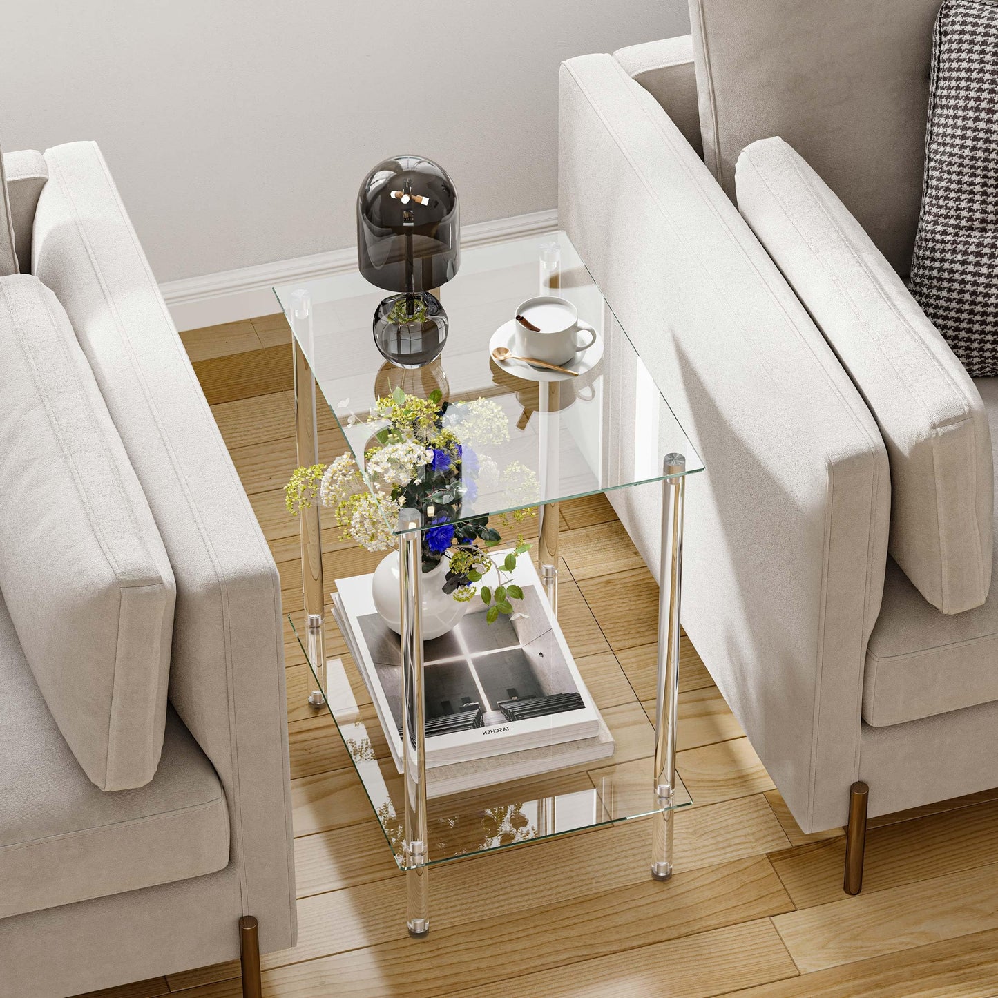 Tempered Glass Side Tables Set of 2 Acrylic End Table with 2 Storage Shelve transparent Bedside simplicity clear 2-Tier Nightstands small Spaces Office Bedroom Living Room Study Transparent ET-008TR